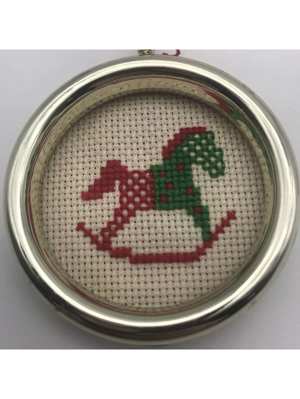 Vtg Cross stitch Christmas Ornaments Mini Frames Lot of 2 Bell Rocking Horse 2”
